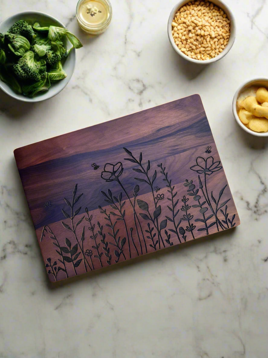 Wildflower and Bees - Solid Walnut Wood Cutting Board