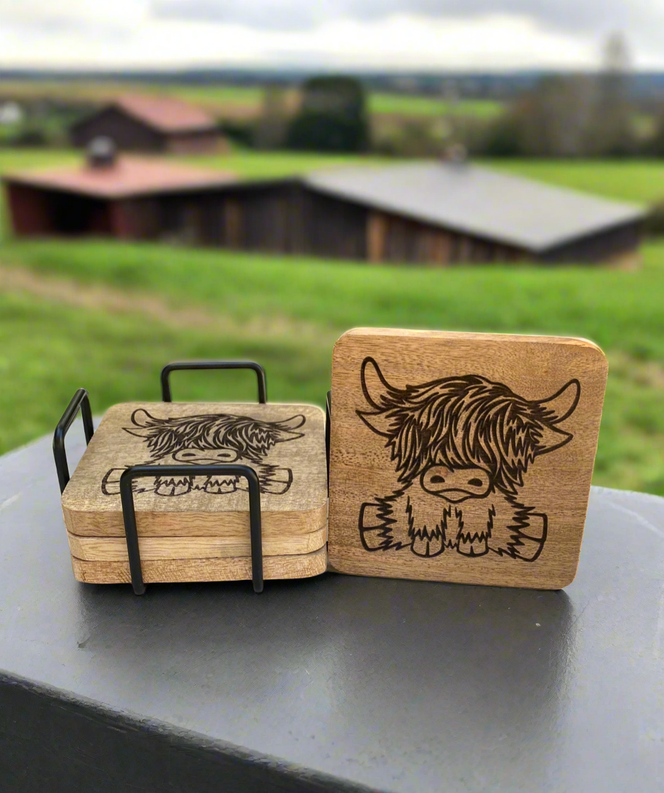 Highland Cow Acacia Wood Coasters – Set of 4 with Metal Holder