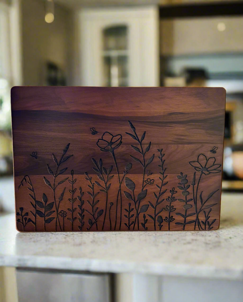 Wildflower and Bees - Solid Walnut Wood Cutting Board