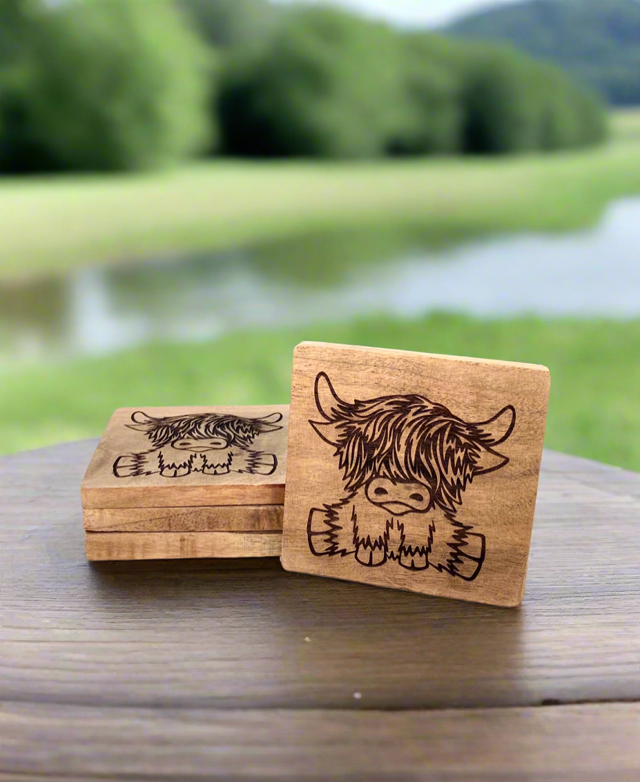 Highland Cow Acacia Wood Coasters - set of 4