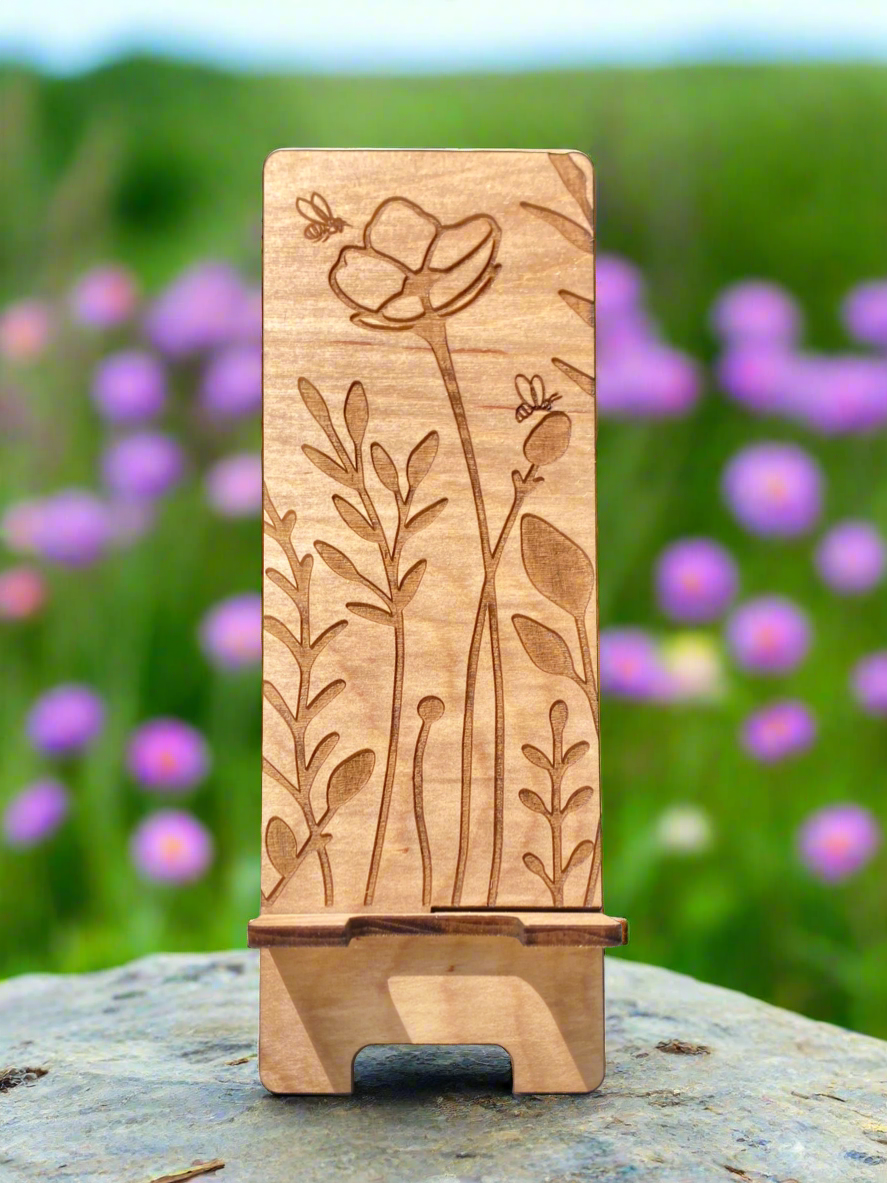 Wildflower and Bees Wood Phone Stand