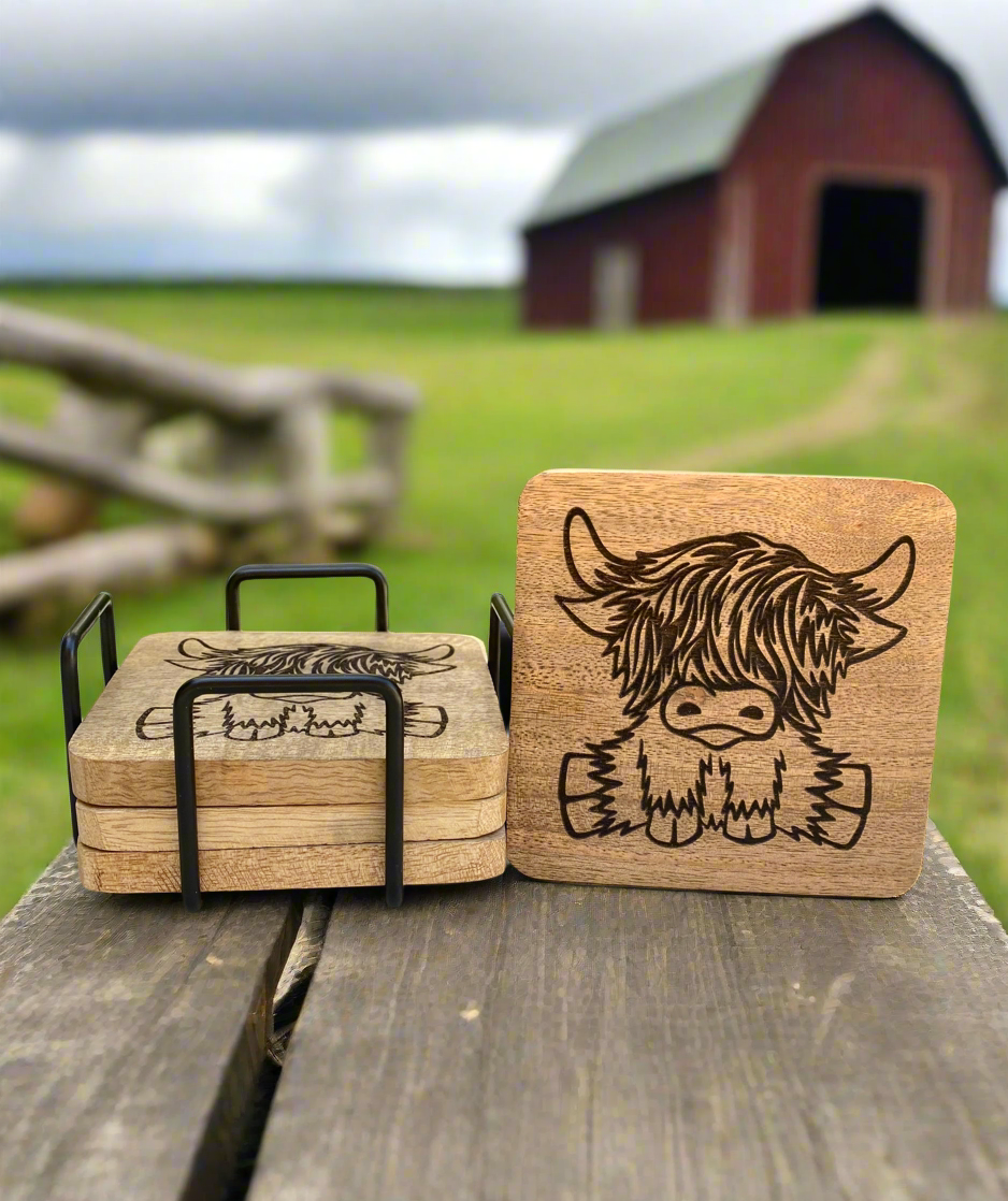 Highland Cow Acacia Wood Coasters – Set of 4 with Metal Holder