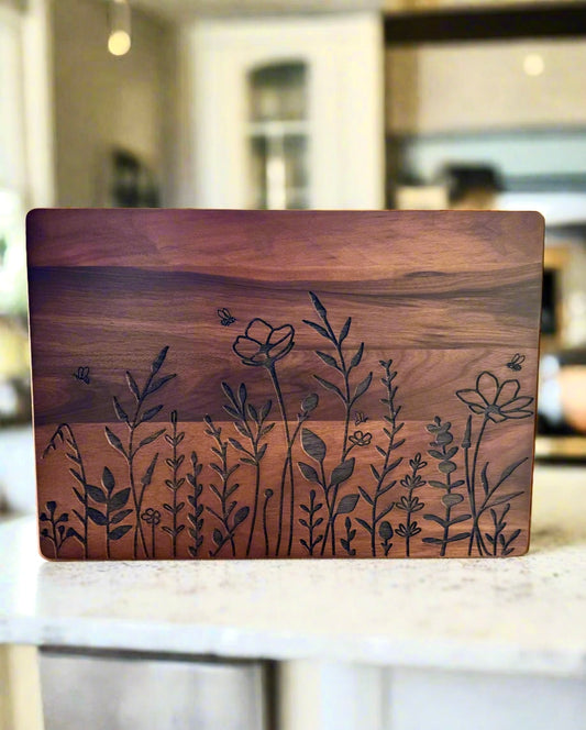 Wildflower and Bees - Solid Walnut Wood Cutting Board