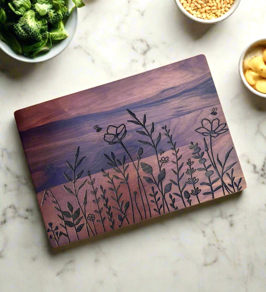 Wildflower and Bees - Solid Walnut Wood Cutting Board