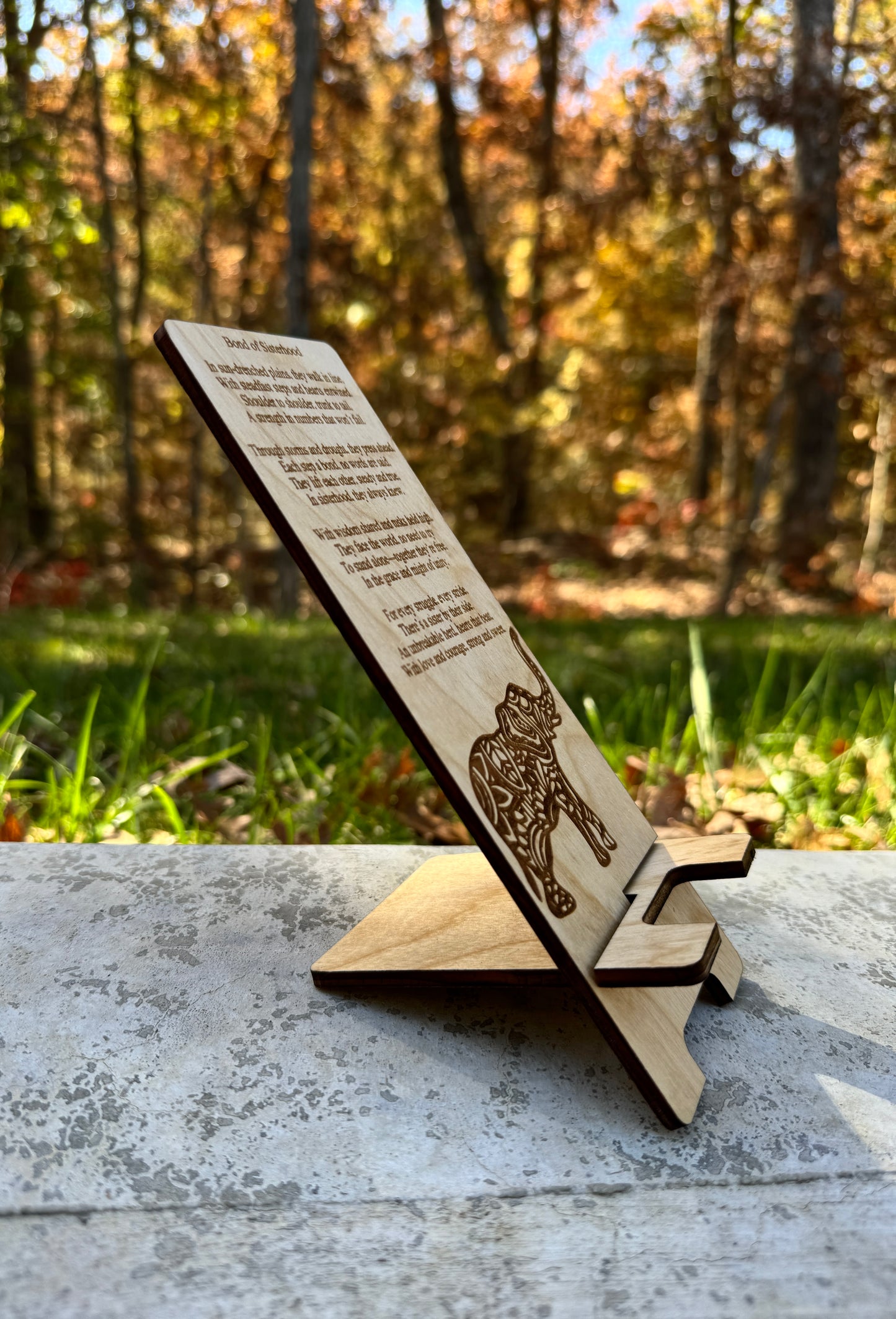 Wood Engraved Phone Stand: "Bond of Sisterhood"