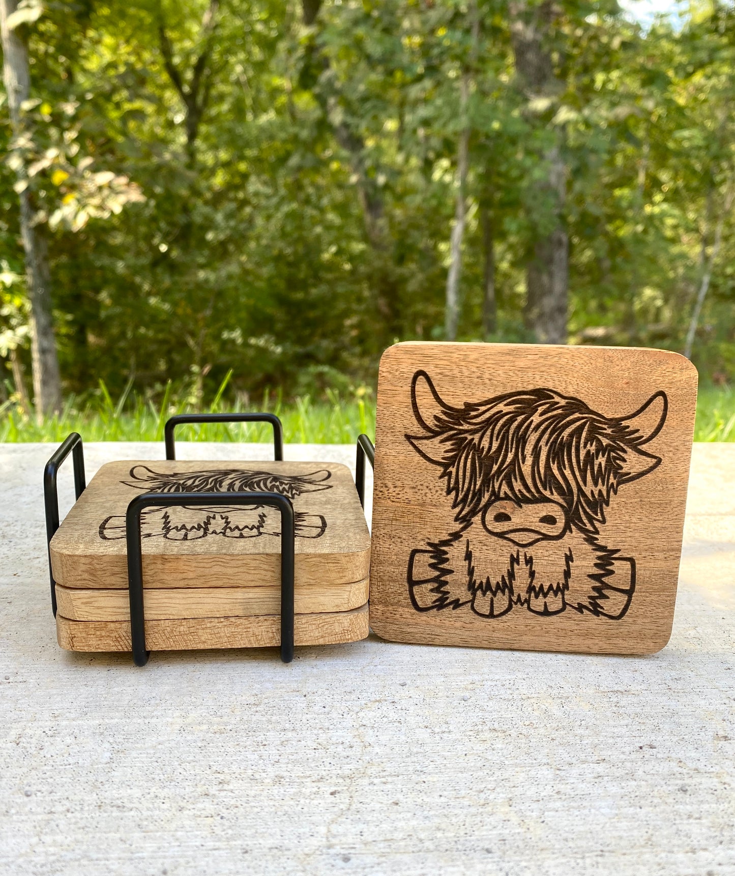 Highland Cow Acacia Wood Coasters – Set of 4 with Metal Holder