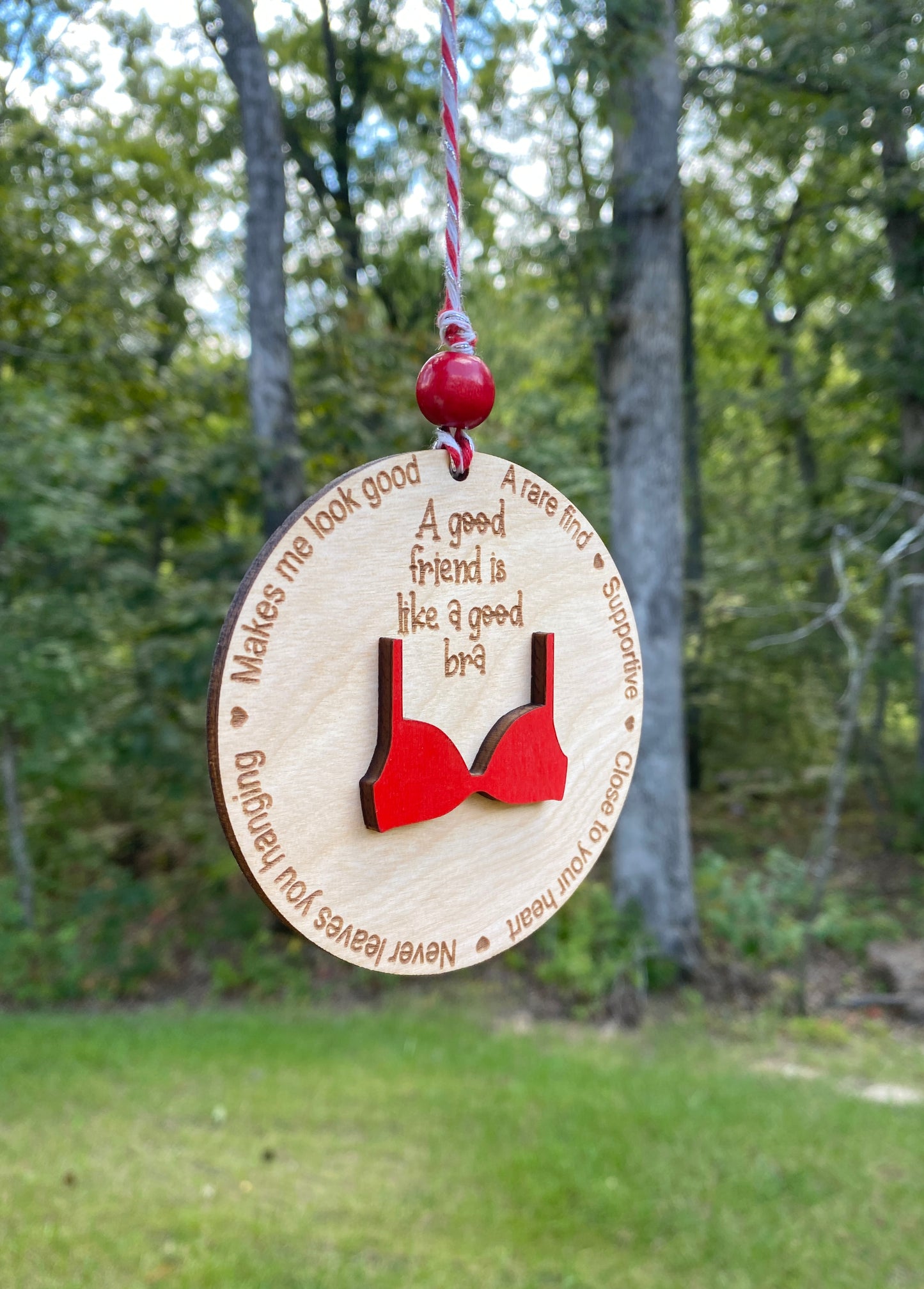 A Good Friend Is Like A Good Bra – Wood Ornament with Red Bra