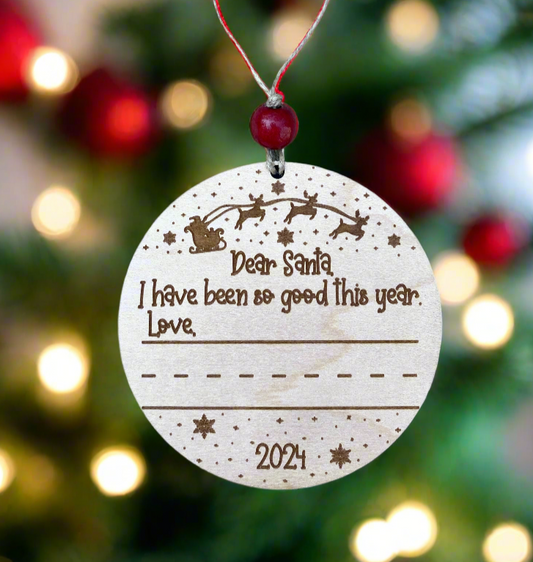 Personalized Dear Santa Child's Handwriting Christmas Ornament Keepsake – laser-cut and engraved, ready to hang on your Christmas tree.