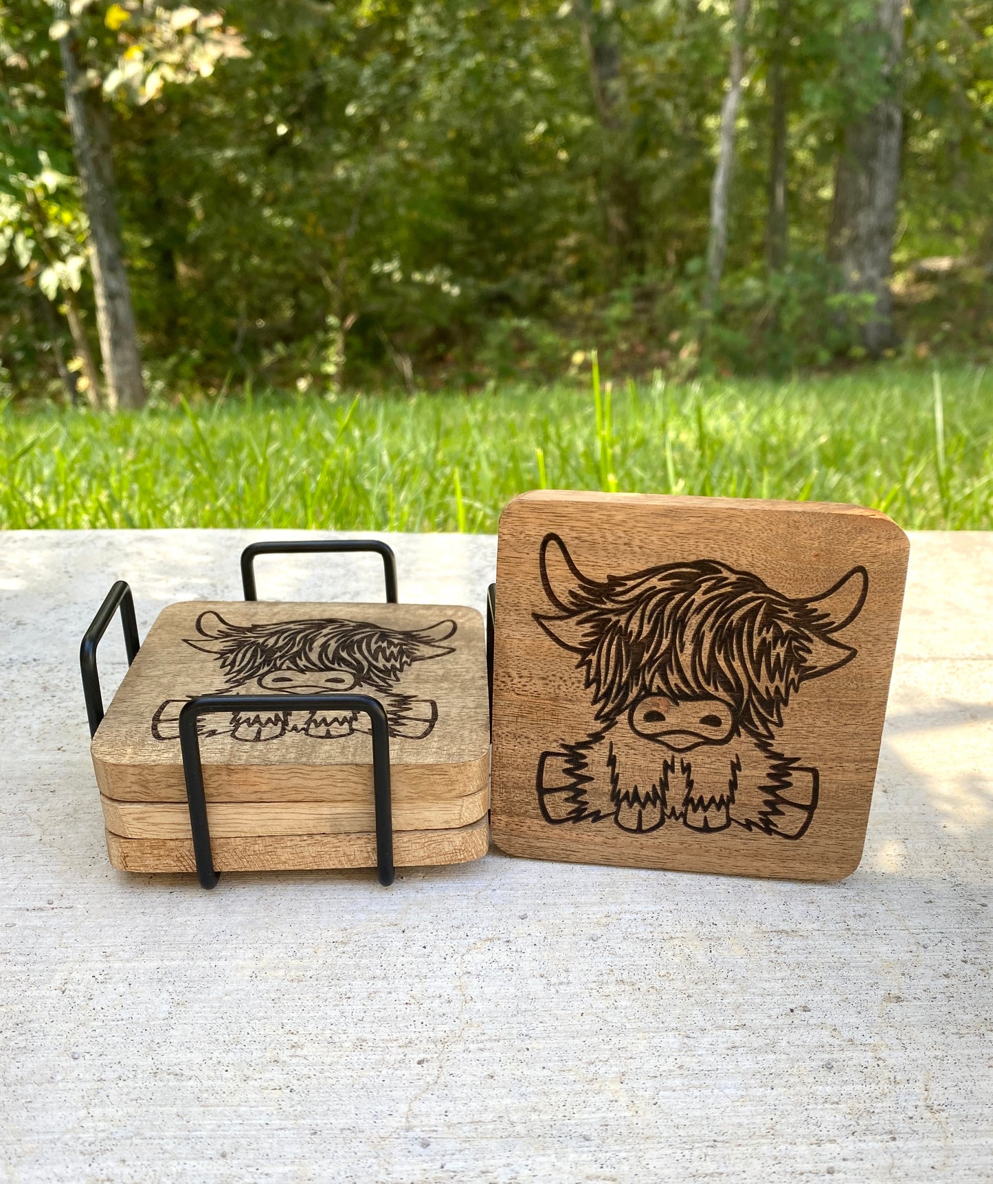 Highland Cow Acacia Wood Coasters – Set of 4 with Metal Holder