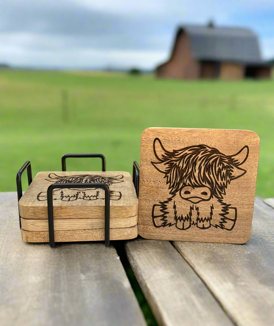 Highland Cow Acacia Wood Coasters – Set of 4 with Metal Holder