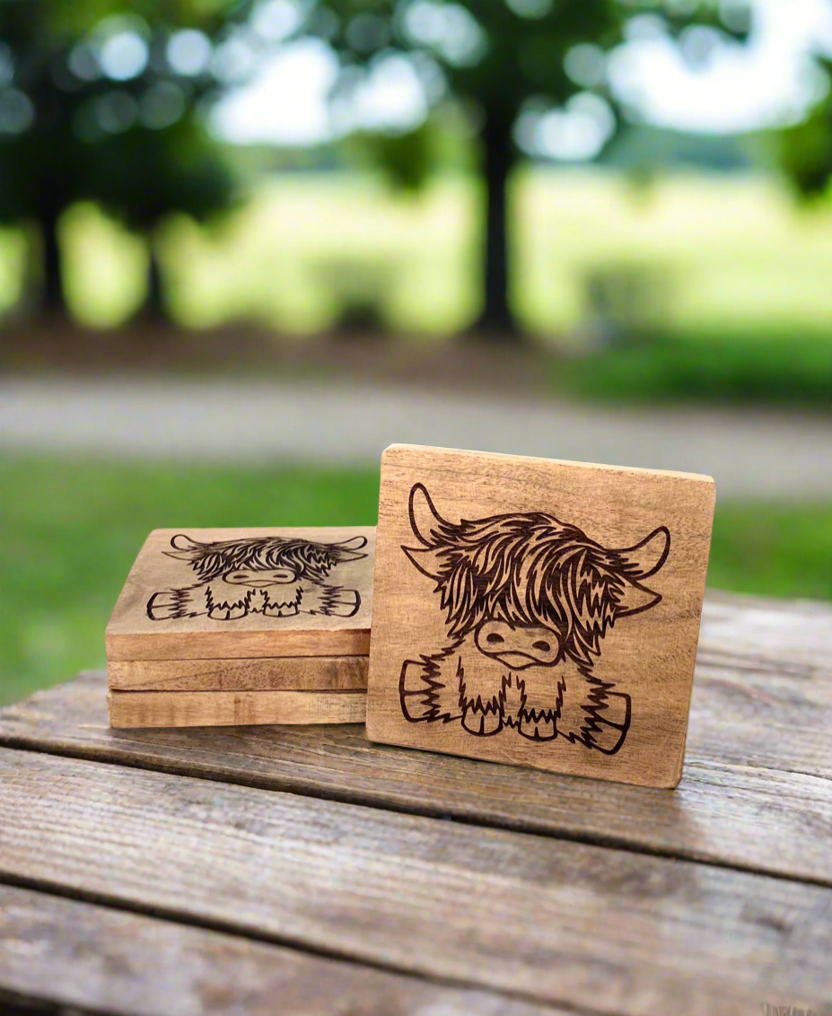 Highland Cow Acacia Wood Coasters - set of 4