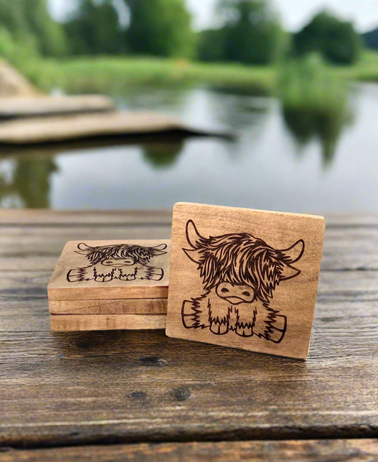 Highland Cow Acacia Wood Coasters - set of 4