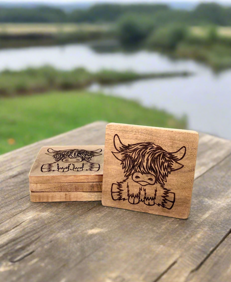 Highland Cow Acacia Wood Coasters - set of 4