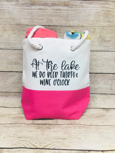 CLOSEOUT At The Lake We Do Beer Thirty and Wine O clock Tote Bag